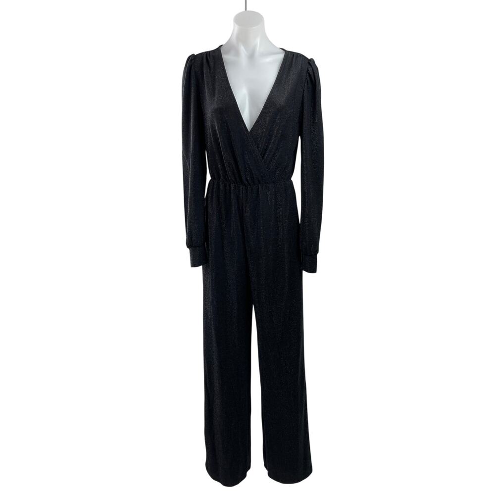 MNG Mango Black Long Sleeve V Neck Glitter Sparkly Wide Leg Jumpsuit Size S
